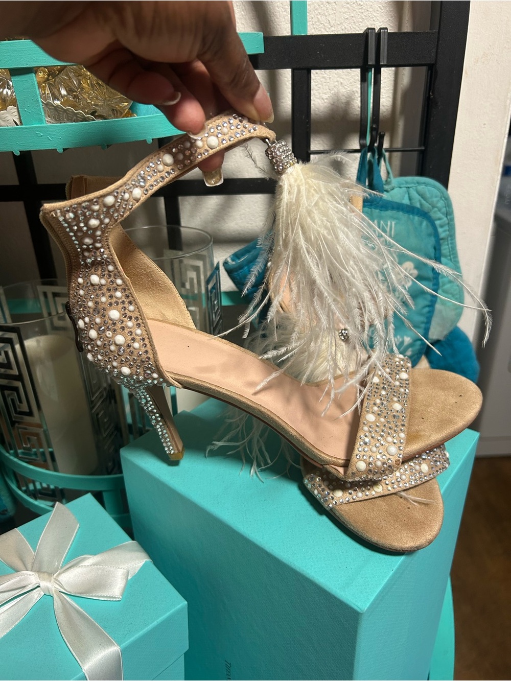 Embellished Feather Strap Evening Sandals - Nude( NEED THESE GONE)